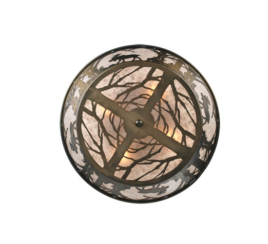 Meyda Lighting Northwoods Moose at Dawn 22" 4-Light Antique Copper Flush Mount Light With Silver Mica Shade Glass