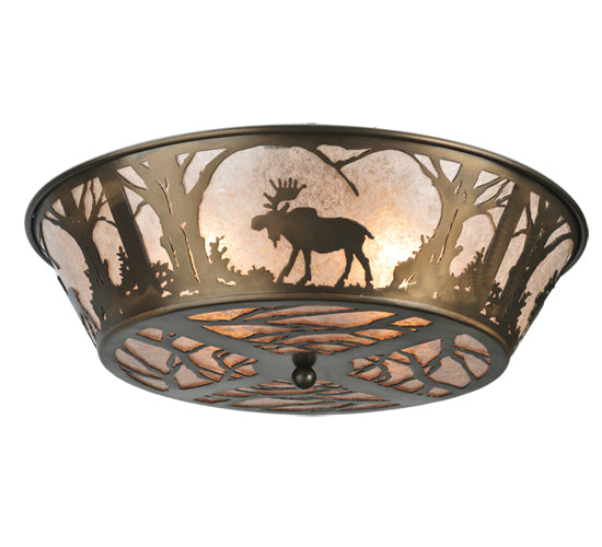 Meyda Lighting Northwoods Moose at Dawn 22" 4-Light Antique Copper Flush Mount Light With Silver Mica Shade Glass