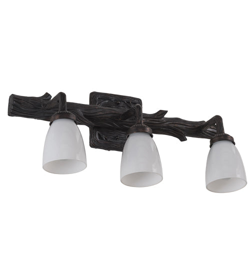 Meyda Lighting Northwoods Pine 22" 3-Light Brown Bark Goblet Vanity Light With White Opal Shade Glass