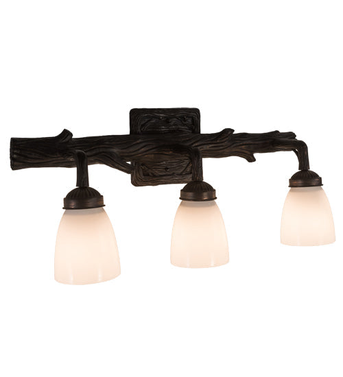 Meyda Lighting Northwoods Pine 22" 3-Light Brown Bark Goblet Vanity Light With White Opal Shade Glass