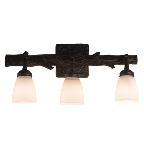 Meyda Lighting Northwoods Pine 22" 3-Light Brown Bark Goblet Vanity Light With White Opal Shade Glass