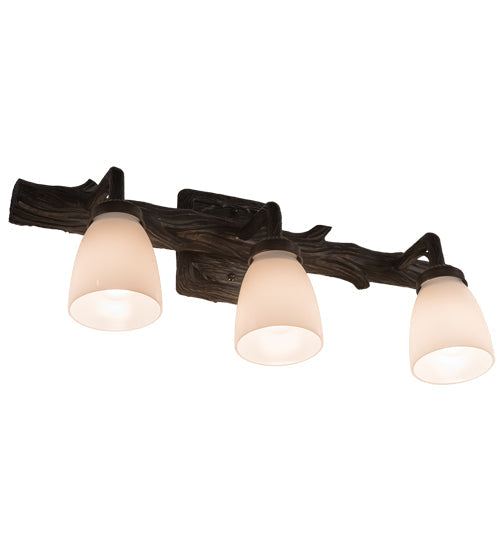 Meyda Lighting Northwoods Pine 22" 3-Light Brown Bark Goblet Vanity Light With White Opal Shade Glass