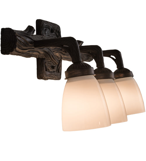 Meyda Lighting Northwoods Pine 22" 3-Light Brown Bark Goblet Vanity Light With White Opal Shade Glass