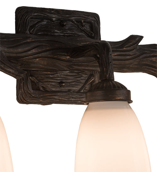 Meyda Lighting Northwoods Pine 22" 3-Light Brown Bark Goblet Vanity Light With White Opal Shade Glass