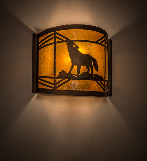 Meyda Lighting Northwoods Wolf on the Loose 12" Antique Copper Wall Sconce With Amber Mica Shade Glass