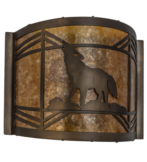 Meyda Lighting Northwoods Wolf on the Loose 12" Antique Copper Wall Sconce With Amber Mica Shade Glass