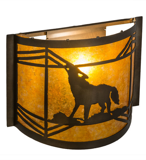 Meyda Lighting Northwoods Wolf on the Loose 12" Antique Copper Wall Sconce With Amber Mica Shade Glass