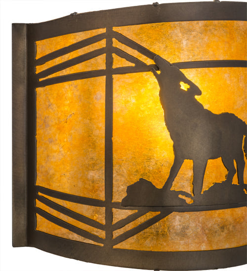 Meyda Lighting Northwoods Wolf on the Loose 12" Antique Copper Wall Sconce With Amber Mica Shade Glass