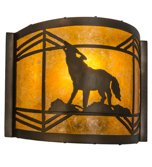 Meyda Lighting Northwoods Wolf on the Loose 12" Antique Copper Wall Sconce With Amber Mica Shade Glass