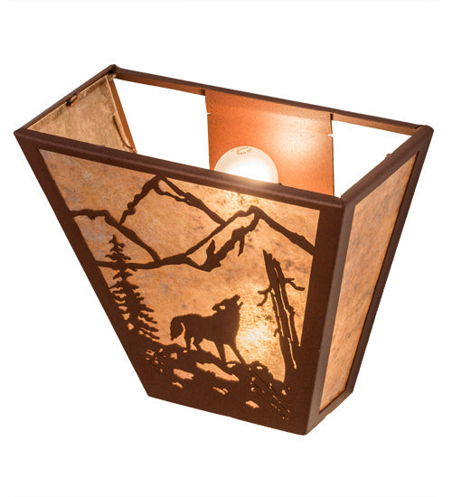 Meyda Lighting Northwoods Wolf on the Loose 13" 2-Light Rust Wall Sconce With Silver Mica Shade Glass