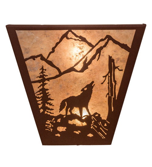 Meyda Lighting Northwoods Wolf on the Loose 13" 2-Light Rust Wall Sconce With Silver Mica Shade Glass