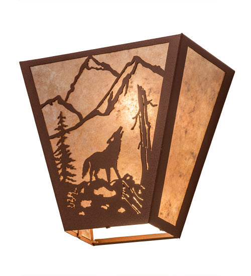 Meyda Lighting Northwoods Wolf on the Loose 13" 2-Light Rust Wall Sconce With Silver Mica Shade Glass