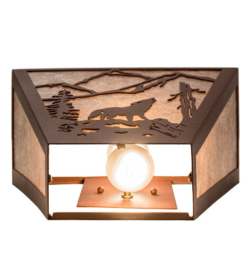 Meyda Lighting Northwoods Wolf on the Loose 13" 2-Light Rust Wall Sconce With Silver Mica Shade Glass