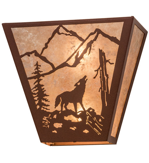 Meyda Lighting Northwoods Wolf on the Loose 13" 2-Light Rust Wall Sconce With Silver Mica Shade Glass