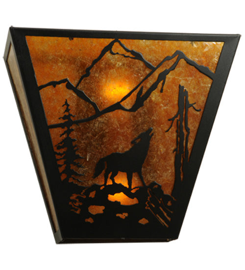 Meyda Lighting Northwoods Wolf on the Loose 13" 2-Light Textured Black Wall Sconce With Amber Mica Shade Glass