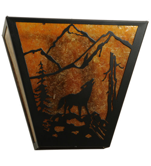 Meyda Lighting Northwoods Wolf on the Loose 13" 2-Light Textured Black Wall Sconce With Amber Mica Shade Glass