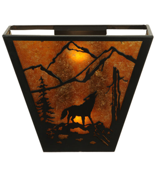 Meyda Lighting Northwoods Wolf on the Loose 13" 2-Light Textured Black Wall Sconce With Amber Mica Shade Glass