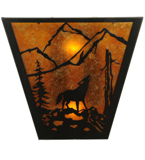 Meyda Lighting Northwoods Wolf on the Loose 13" 2-Light Textured Black Wall Sconce With Amber Mica Shade Glass