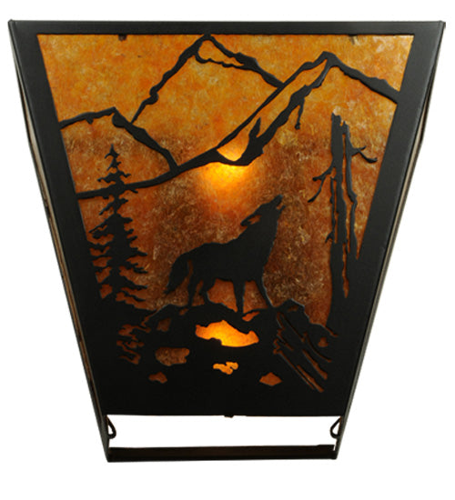 Meyda Lighting Northwoods Wolf on the Loose 13" 2-Light Textured Black Wall Sconce With Amber Mica Shade Glass