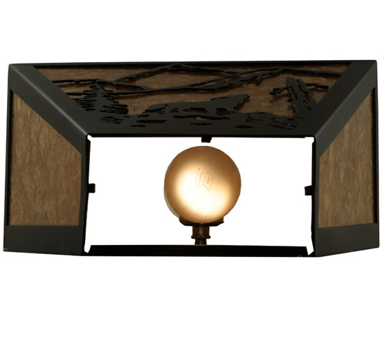 Meyda Lighting Northwoods Wolf on the Loose 13" 2-Light Textured Black Wall Sconce With Amber Mica Shade Glass