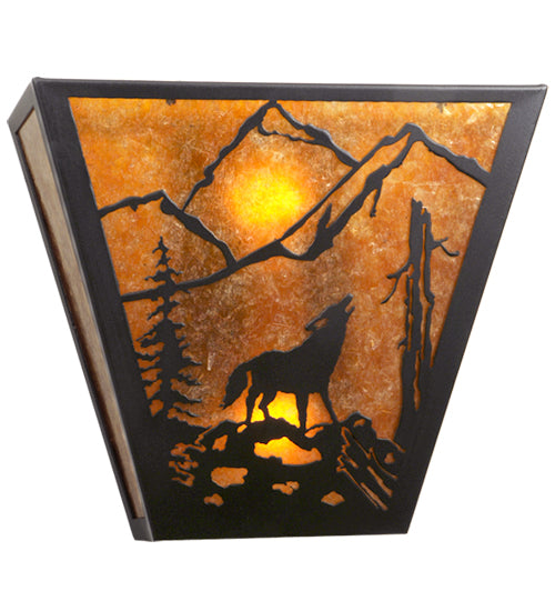 Meyda Lighting Northwoods Wolf on the Loose 13" 2-Light Textured Black Wall Sconce With Amber Mica Shade Glass
