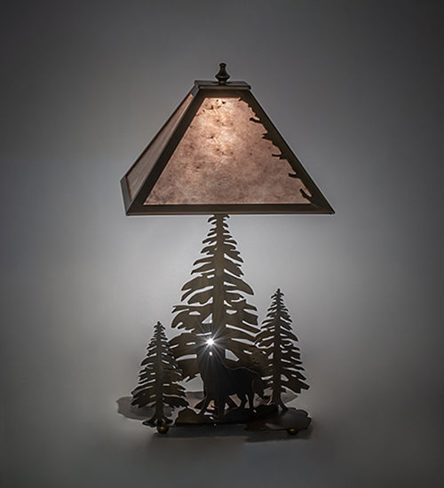 Meyda Lighting Northwoods Wolf on the Loose 21" 2-Light Antique Copper Table Lamp With Silver Mica Shade Glass