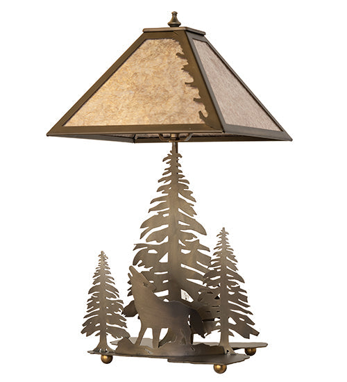 Meyda Lighting Northwoods Wolf on the Loose 21" 2-Light Antique Copper Table Lamp With Silver Mica Shade Glass