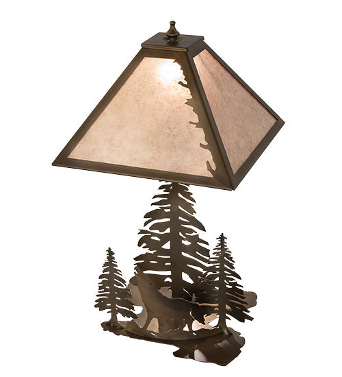 Meyda Lighting Northwoods Wolf on the Loose 21" 2-Light Antique Copper Table Lamp With Silver Mica Shade Glass