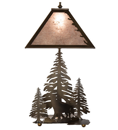 Meyda Lighting Northwoods Wolf on the Loose 21" 2-Light Antique Copper Table Lamp With Silver Mica Shade Glass