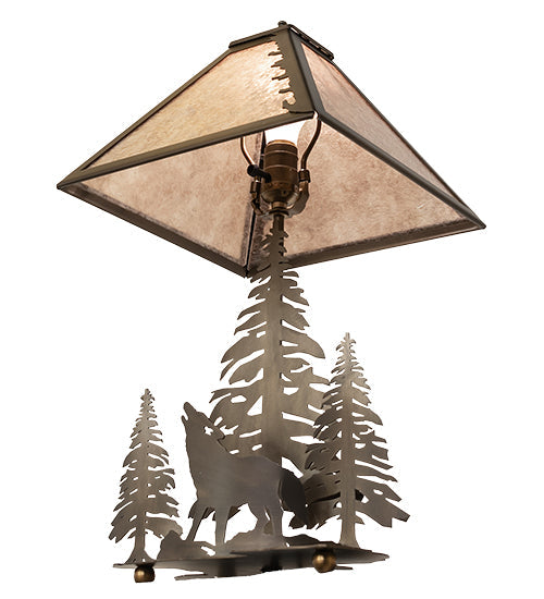 Meyda Lighting Northwoods Wolf on the Loose 21" 2-Light Antique Copper Table Lamp With Silver Mica Shade Glass