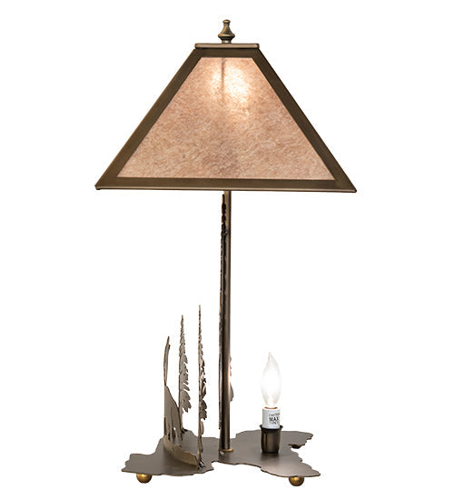 Meyda Lighting Northwoods Wolf on the Loose 21" 2-Light Antique Copper Table Lamp With Silver Mica Shade Glass