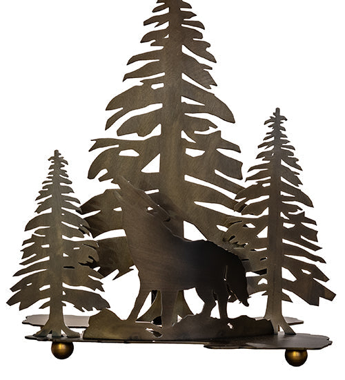 Meyda Lighting Northwoods Wolf on the Loose 21" 2-Light Antique Copper Table Lamp With Silver Mica Shade Glass