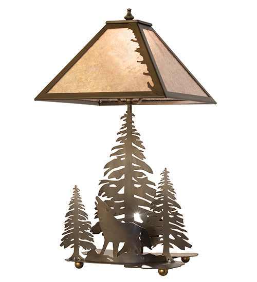 Meyda Lighting Northwoods Wolf on the Loose 21" 2-Light Antique Copper Table Lamp With Silver Mica Shade Glass