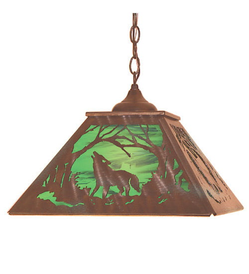 Meyda Lighting Northwoods Wolf on the Loose 23" 2-Light Antique Copper Pendant Light With Green Emerald Art Shade Glass
