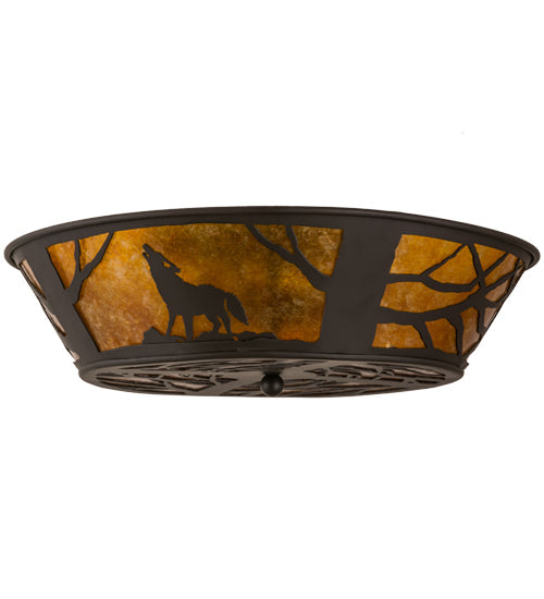 Meyda Lighting Northwoods Wolf on the Loose 23" 4-Light Oil Rubbed Bronze Flush Mount Light With Amber Mica Shade Glass