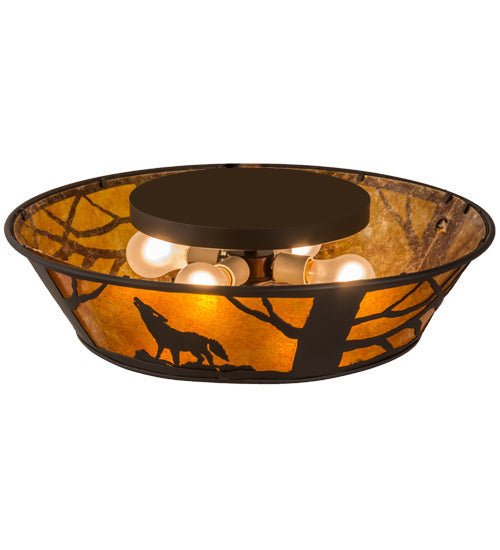 Meyda Lighting Northwoods Wolf on the Loose 23" 4-Light Oil Rubbed Bronze Flush Mount Light With Amber Mica Shade Glass