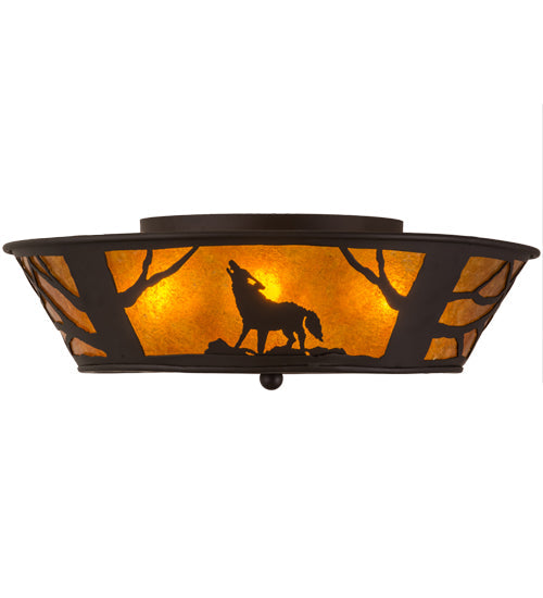 Meyda Lighting Northwoods Wolf on the Loose 23" 4-Light Oil Rubbed Bronze Flush Mount Light With Amber Mica Shade Glass