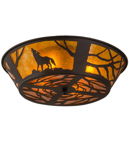 Meyda Lighting Northwoods Wolf on the Loose 23" 4-Light Oil Rubbed Bronze Flush Mount Light With Amber Mica Shade Glass