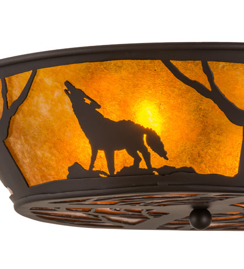 Meyda Lighting Northwoods Wolf on the Loose 23" 4-Light Oil Rubbed Bronze Flush Mount Light With Amber Mica Shade Glass