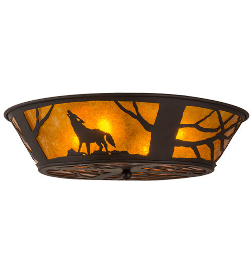 Meyda Lighting Northwoods Wolf on the Loose 23" 4-Light Oil Rubbed Bronze Flush Mount Light With Amber Mica Shade Glass