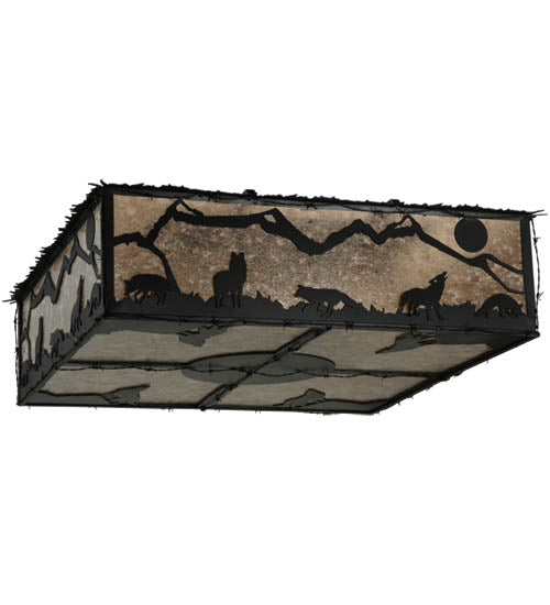 Meyda Lighting Northwoods Wolf on the Loose 51" 8-Light Textured Black Flush Mount Light With Silver Mica Shade Glass