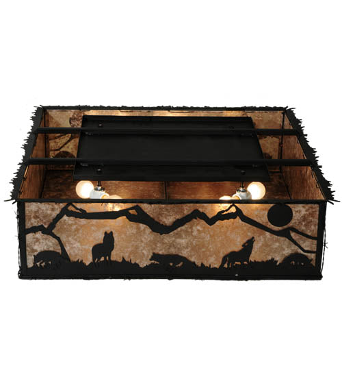 Meyda Lighting Northwoods Wolf on the Loose 51" 8-Light Textured Black Flush Mount Light With Silver Mica Shade Glass