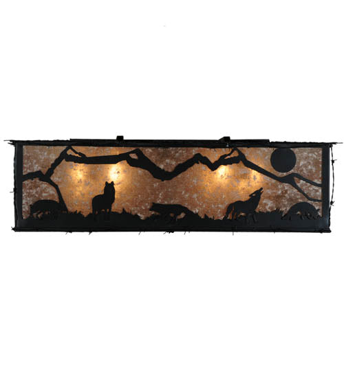 Meyda Lighting Northwoods Wolf on the Loose 51" 8-Light Textured Black Flush Mount Light With Silver Mica Shade Glass