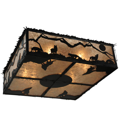 Meyda Lighting Northwoods Wolf on the Loose 51" 8-Light Textured Black Flush Mount Light With Silver Mica Shade Glass