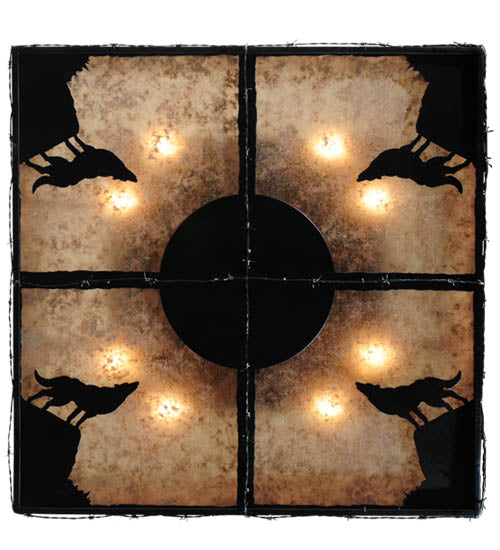 Meyda Lighting Northwoods Wolf on the Loose 51" 8-Light Textured Black Flush Mount Light With Silver Mica Shade Glass