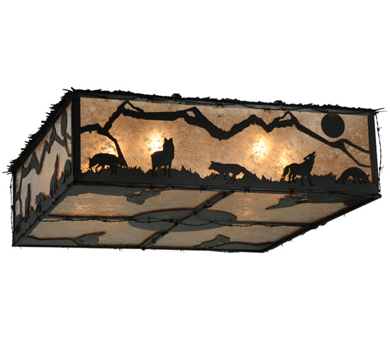 Meyda Lighting Northwoods Wolf on the Loose 51" 8-Light Textured Black Flush Mount Light With Silver Mica Shade Glass