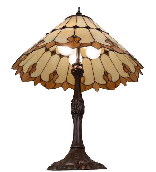 Meyda Lighting Nouveau Cone 29" 3-Light Mahogany Bronze Table Lamp With Amber & Beige Shade Glass