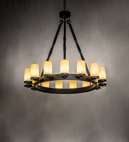 Meyda Lighting Noziroh Ring 42" 15-Light Textured Black Chandelier With Beige Botticino Idalight Shade