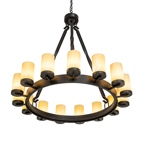 Meyda Lighting Noziroh Ring 42" 15-Light Textured Black Chandelier With Beige Botticino Idalight Shade