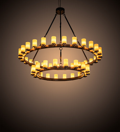 Meyda Lighting Noziroh Ring 85" 46-Light 2-Tier Timeless Bronze Chandelier With Beige Tawnyrock Idalight Shade